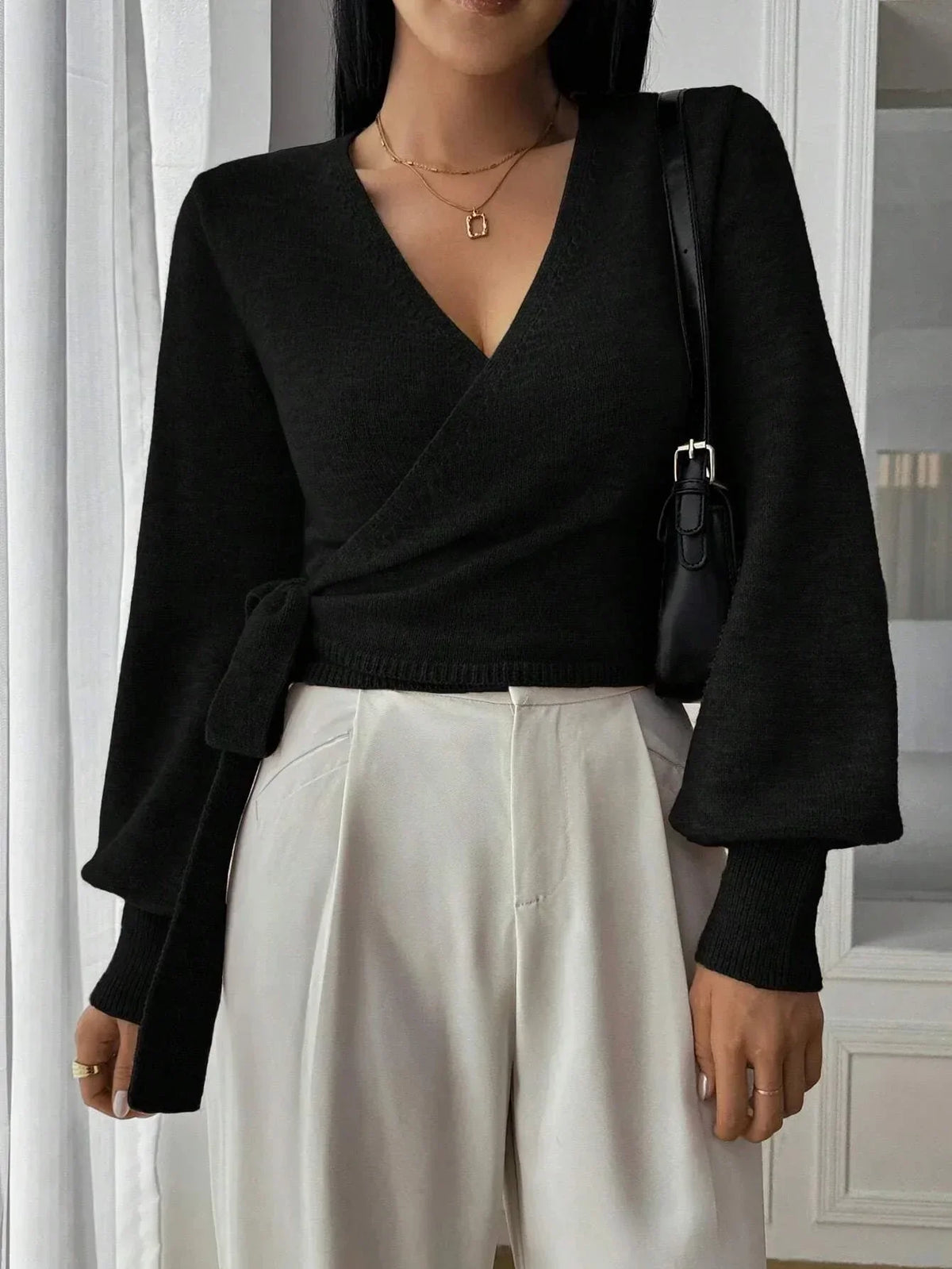 Women's Cropped Knit Sweater V-Neck Tie Waist Relaxed Fit Casual