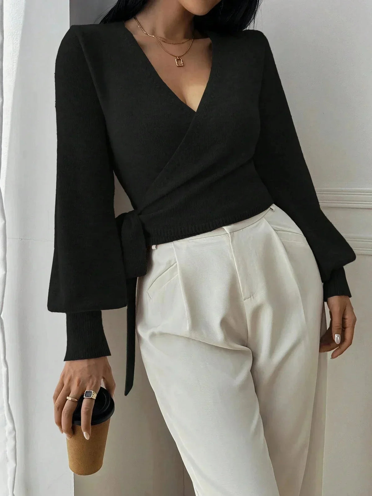 Women's Cropped Knit Sweater V-Neck Tie Waist Relaxed Fit Casual