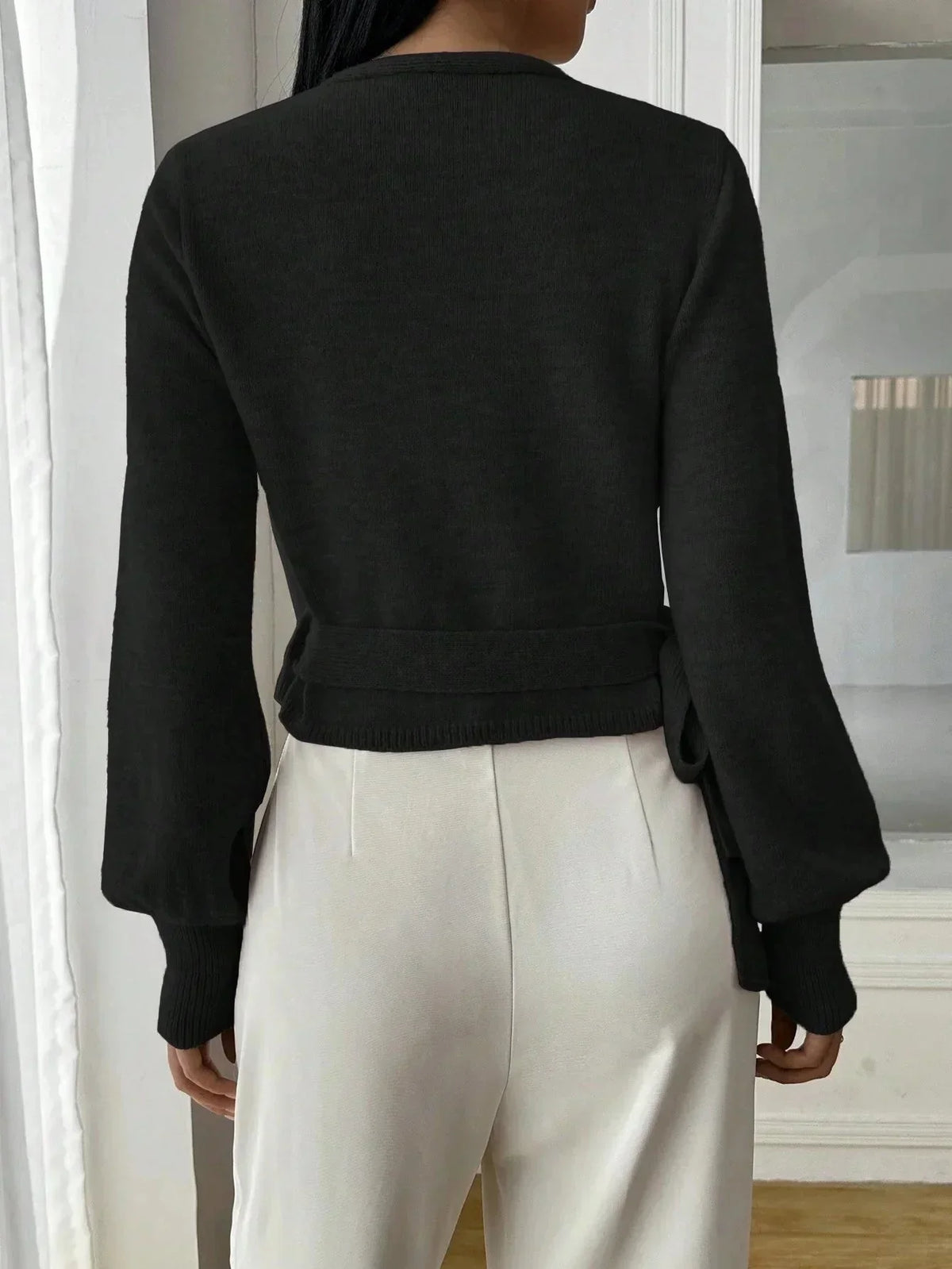 Women's Cropped Knit Sweater V-Neck Tie Waist Relaxed Fit Casual