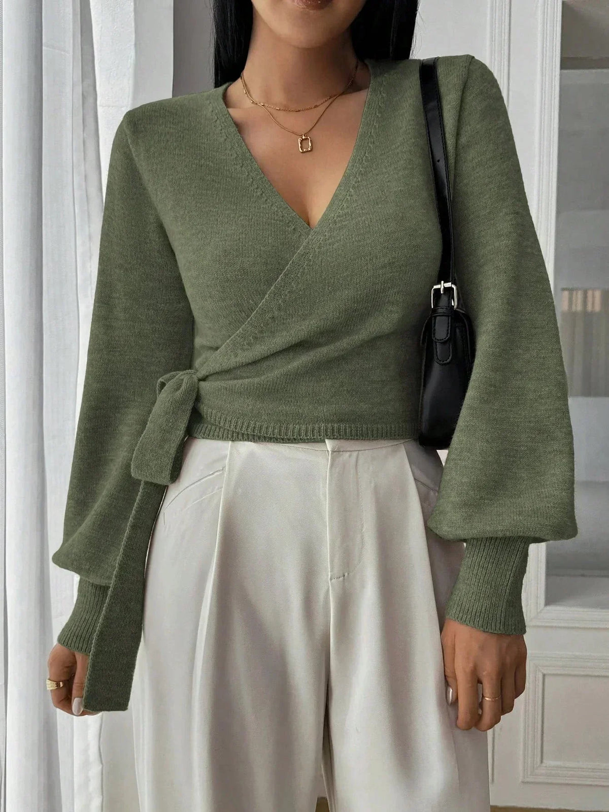 Women's Cropped Knit Sweater V-Neck Tie Waist Relaxed Fit Casual