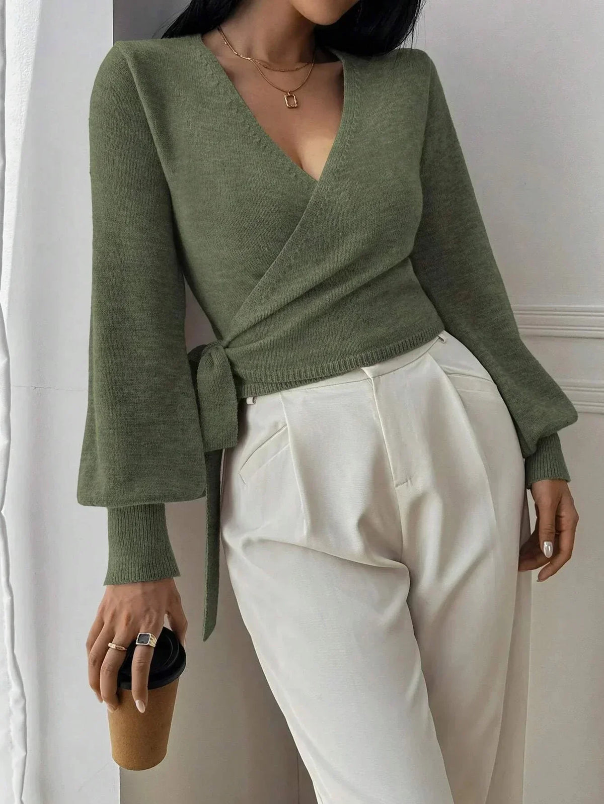 Women's Cropped Knit Sweater V-Neck Tie Waist Relaxed Fit Casual