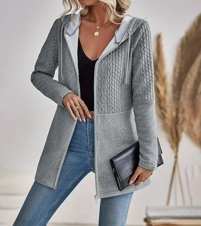 Women's Hooded Cable Knit Cardigan Long Sleeve Zip Front Relaxed Style