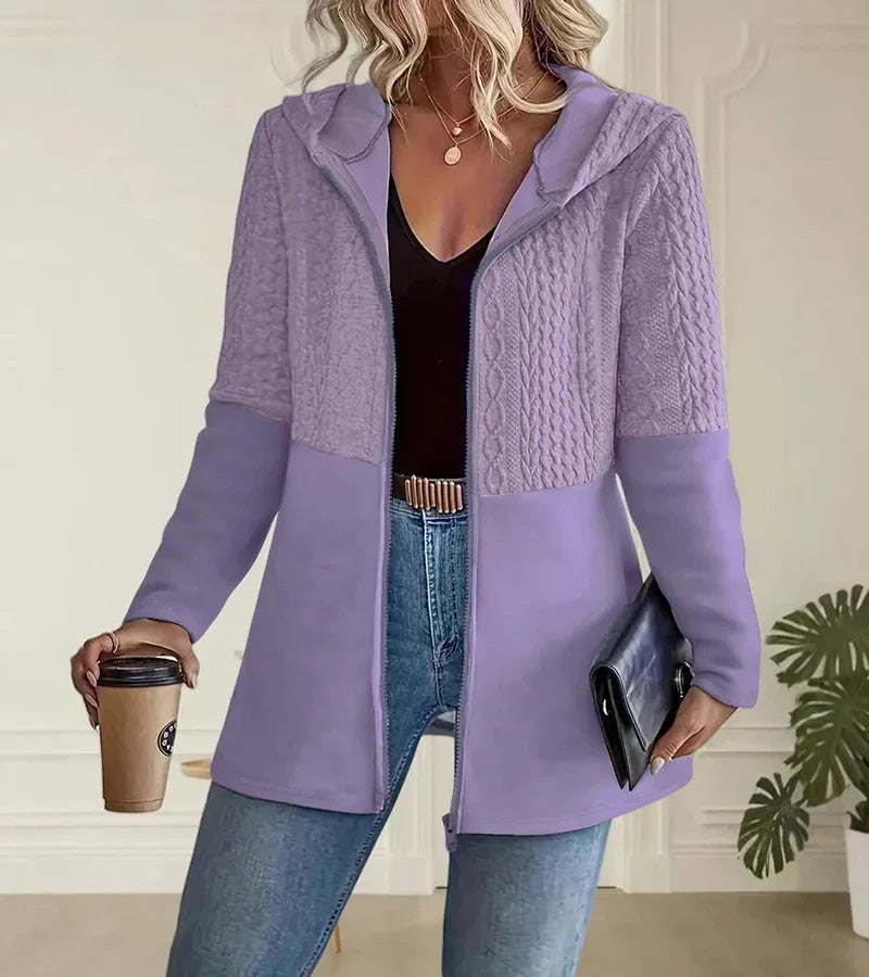 Women's Hooded Cable Knit Cardigan Long Sleeve Zip Front Relaxed Style
