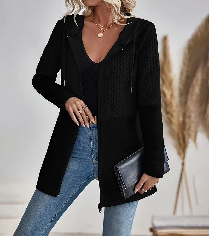 Women's Hooded Cable Knit Cardigan Long Sleeve Zip Front Relaxed Style