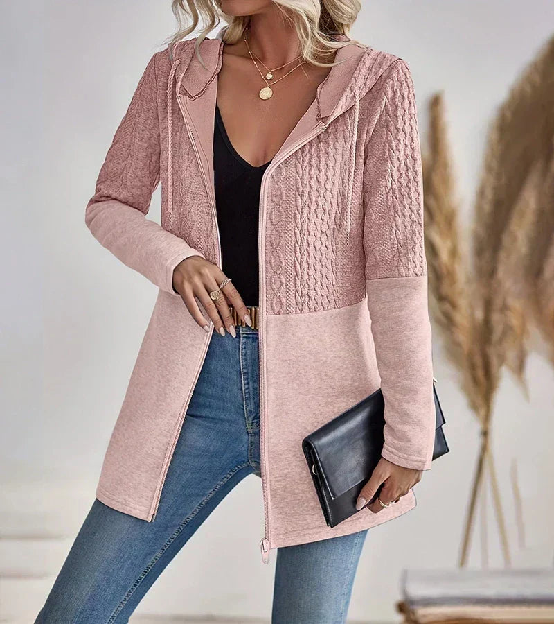 Women's Hooded Cable Knit Cardigan Long Sleeve Zip Front Relaxed Style