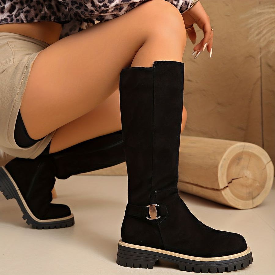 Women's Flat Knee High Boots Buckle Detail Lug Sole Stylish Everyday Wear