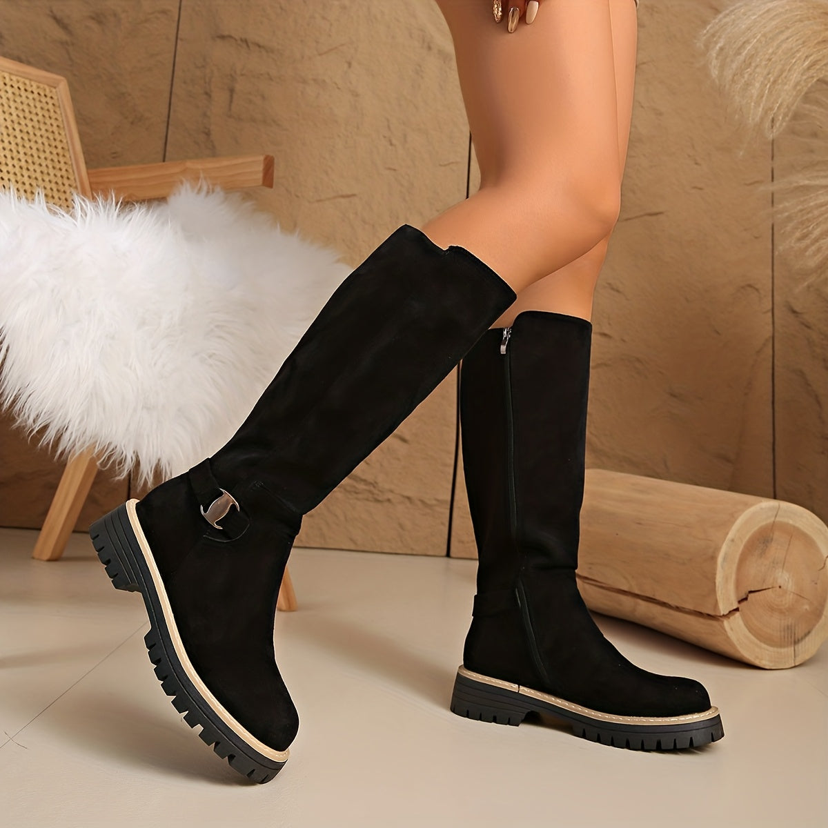 Women's Flat Knee High Boots Buckle Detail Lug Sole Stylish Everyday Wear