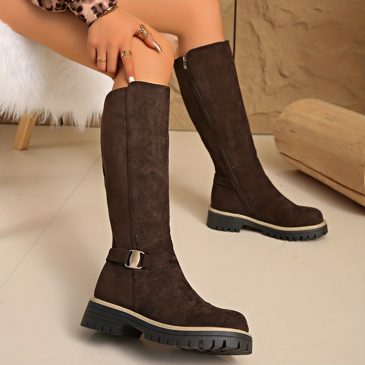 Women's Flat Knee High Boots Buckle Detail Lug Sole Stylish Everyday Wear
