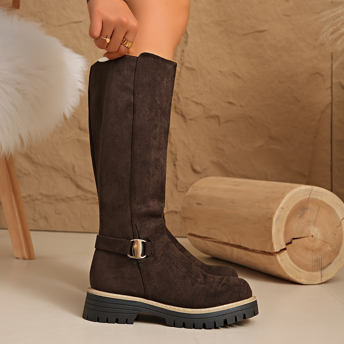 Women's Flat Knee High Boots Buckle Detail Lug Sole Stylish Everyday Wear