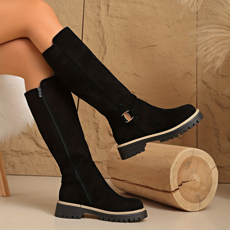 Women's Flat Knee High Boots Buckle Detail Lug Sole Stylish Everyday Wear