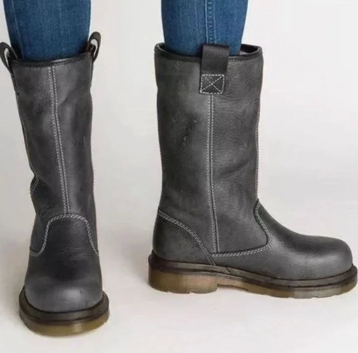 Women's Mid-Calf Boots Pull-on Design Contrast Stitching Stylish Everyday