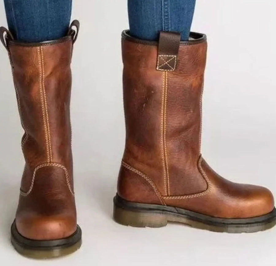 Women's Mid-Calf Boots Pull-on Design Contrast Stitching Stylish Everyday