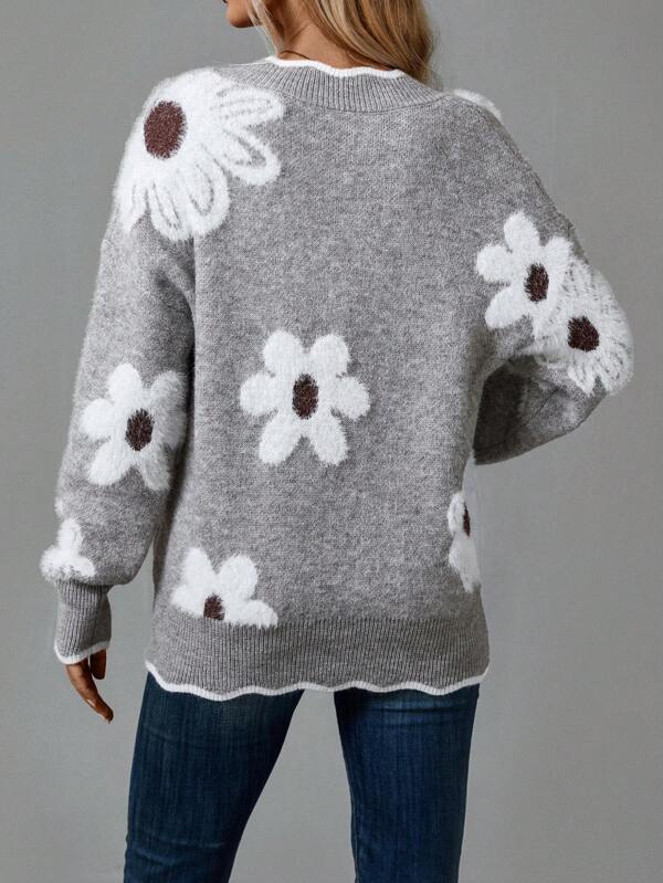 Women's Floral Knit Sweater V-Neckline Daisy Print Casual Everyday Wear