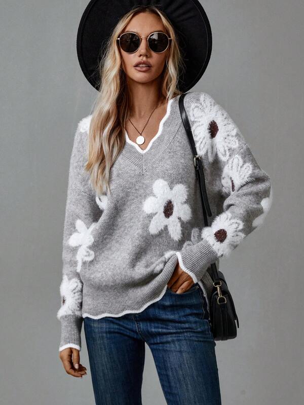 Women's Floral Knit Sweater V-Neckline Daisy Print Casual Everyday Wear