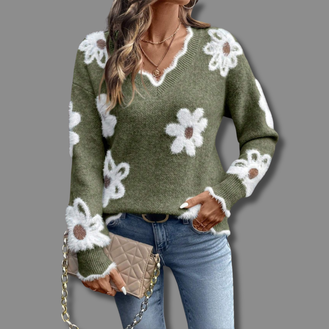 Women's Floral Knit Sweater V-Neckline Daisy Print Casual Everyday Wear