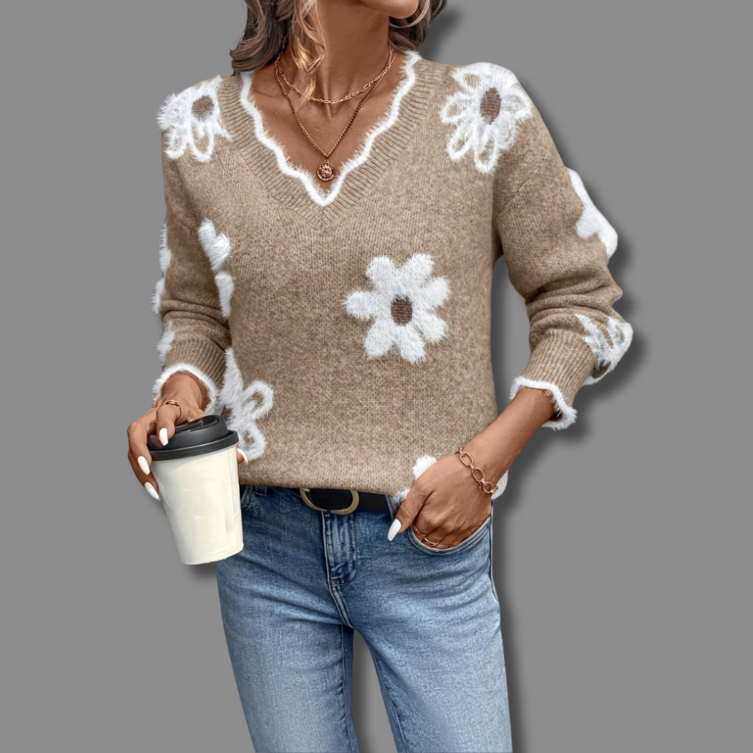 Women's Floral Knit Sweater V-Neckline Daisy Print Casual Everyday Wear