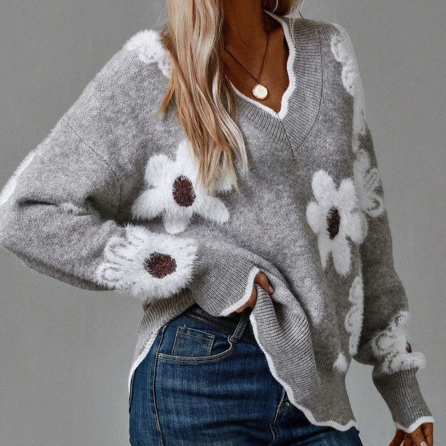 Women's Floral Knit Sweater V-Neckline Daisy Print Casual Everyday Wear