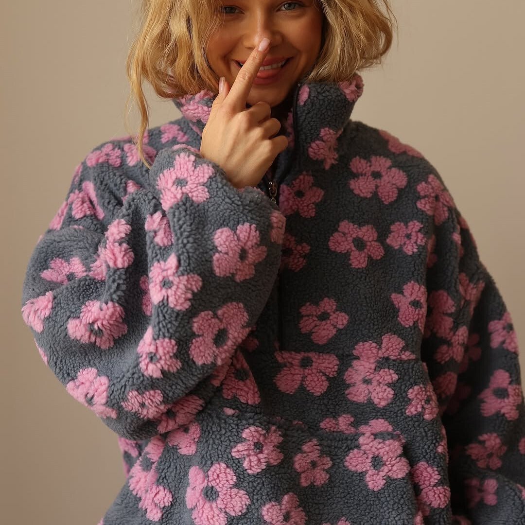 Women's Oversized Fleece Jacket Half-Zip Floral Print Cozy Layering
