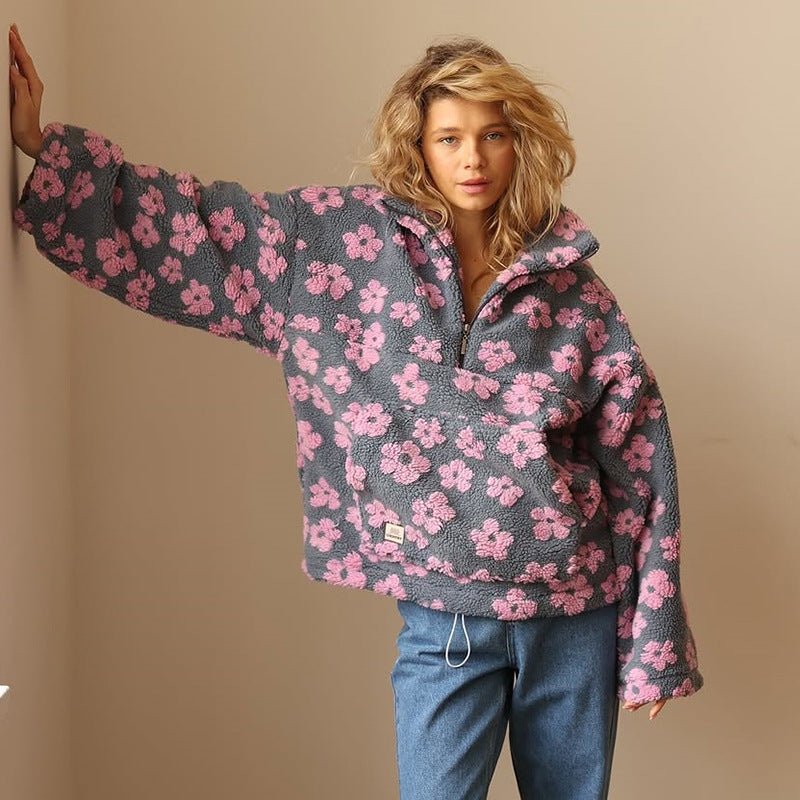 Women's Oversized Fleece Jacket Half-Zip Floral Print Cozy Layering