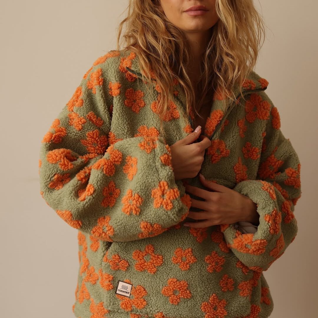 Women's Oversized Fleece Jacket Half-Zip Floral Print Cozy Layering