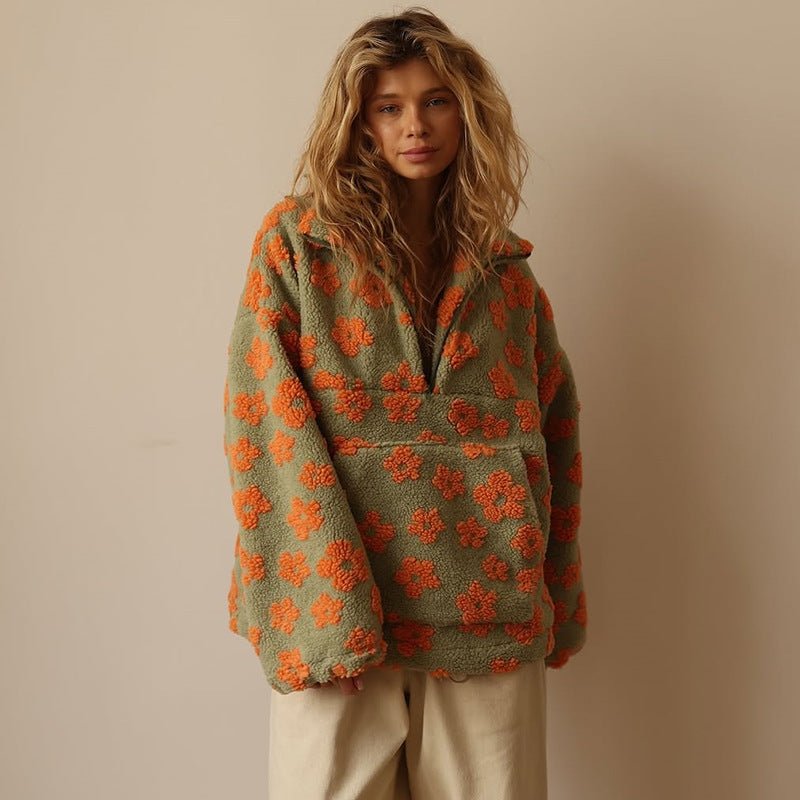 Women's Oversized Fleece Jacket Half-Zip Floral Print Cozy Layering