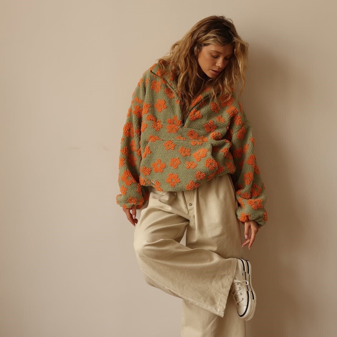 Women's Oversized Fleece Jacket Half-Zip Floral Print Cozy Layering