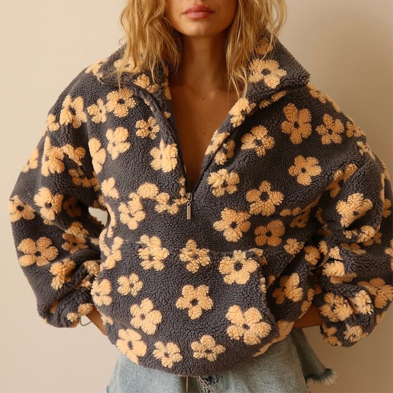 Women's Oversized Fleece Jacket Half-Zip Floral Print Cozy Layering