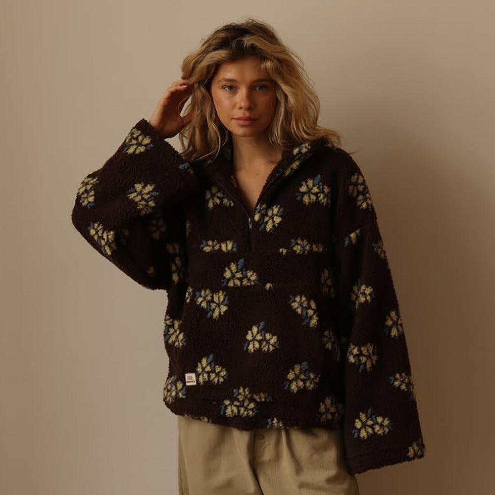 Women's Oversized Fleece Jacket Half-Zip Floral Print Cozy Layering