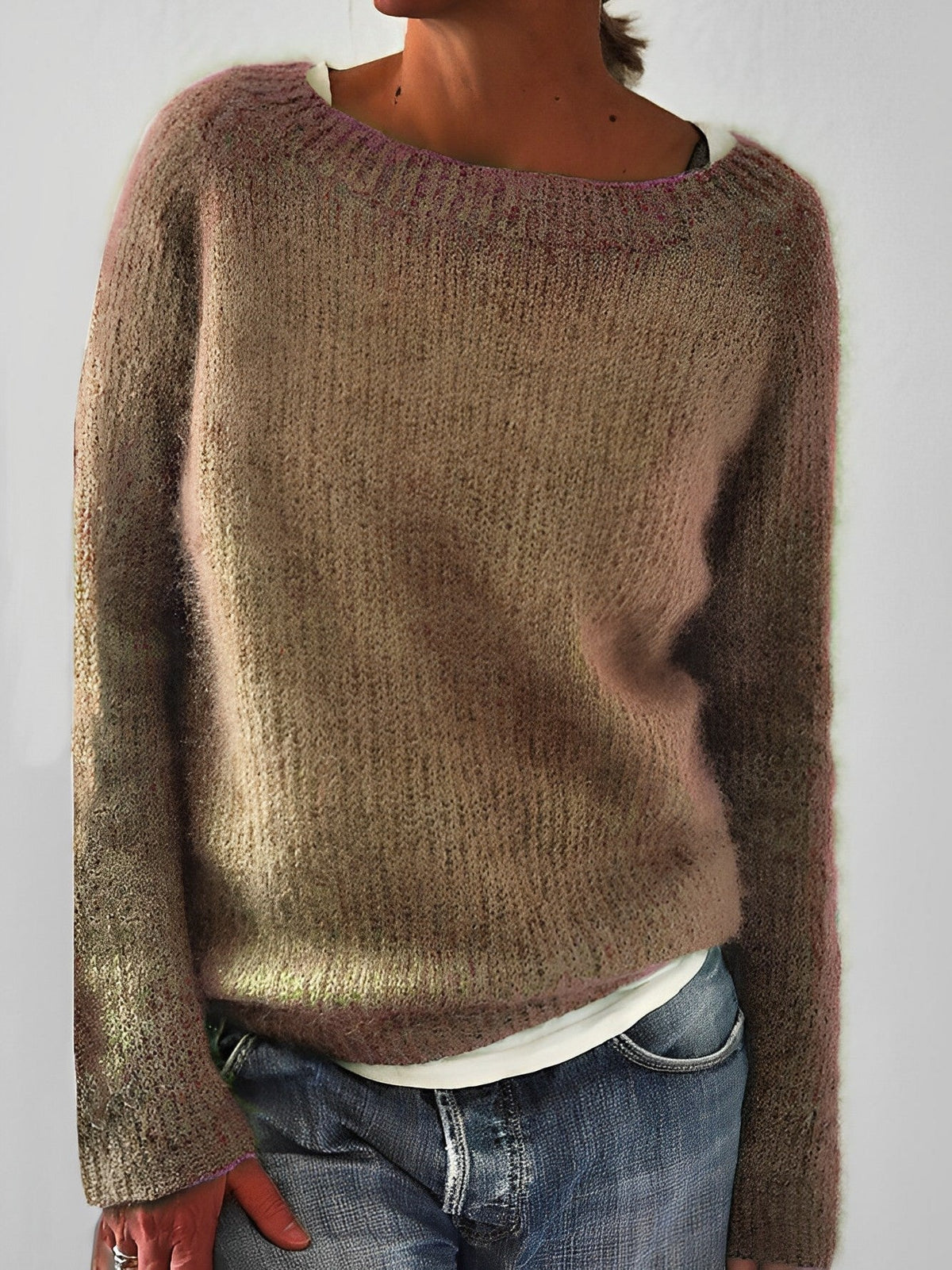 Women's Cozy Knit Sweater Wide Round Neckline Relaxed Fit Casual Everyday