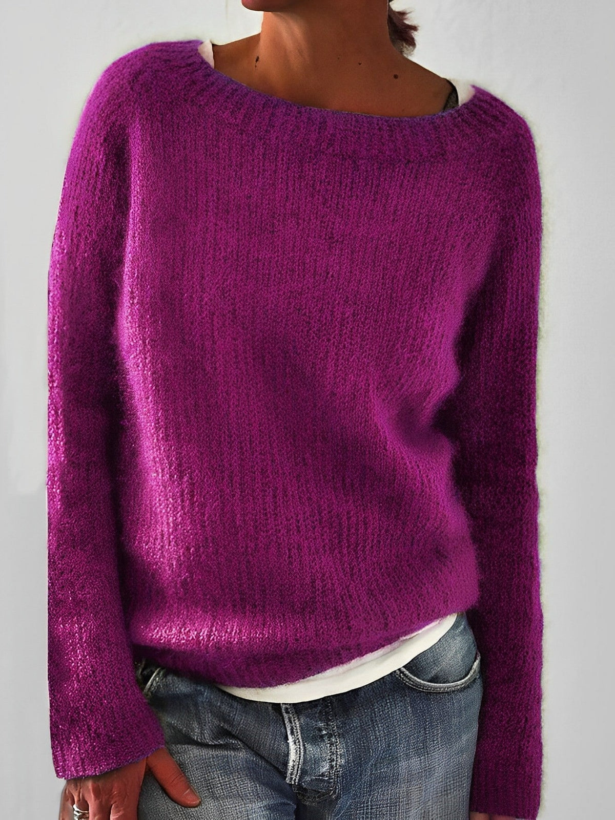 Women's Cozy Knit Sweater Wide Round Neckline Relaxed Fit Casual Everyday