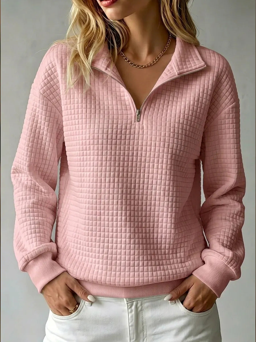 Women's Quilted Half Zip Sweatshirt Textured Fabric Stand Collar Casual Layering