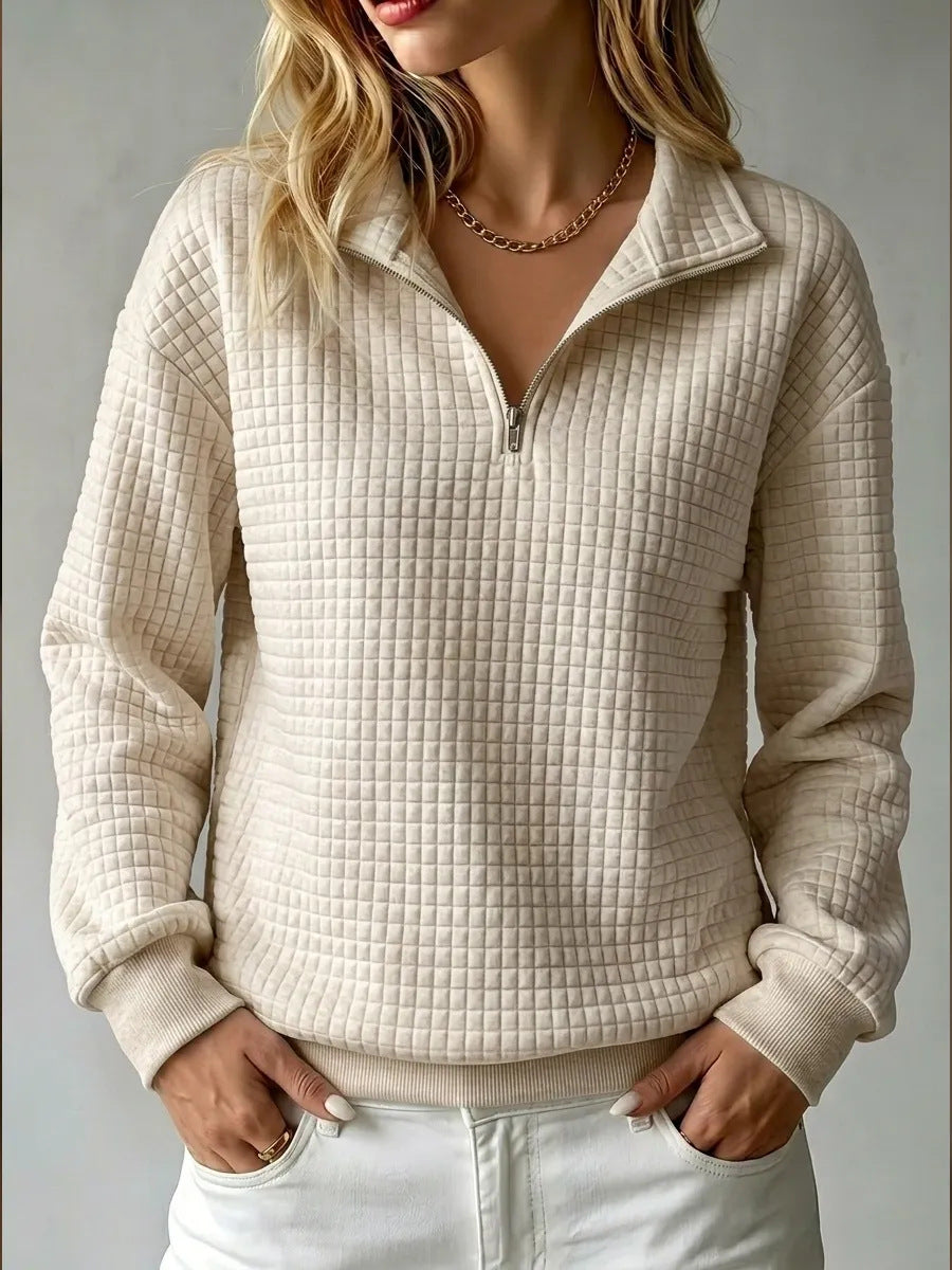 Women's Quilted Half Zip Sweatshirt Textured Fabric Stand Collar Casual Layering