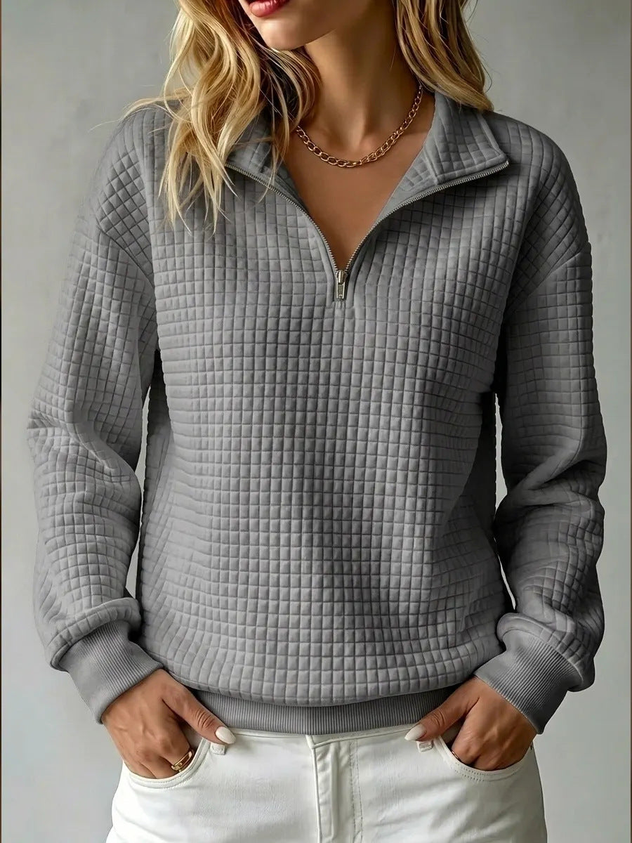 Women's Quilted Half Zip Sweatshirt Textured Fabric Stand Collar Casual Layering
