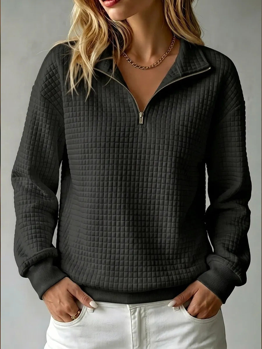 Women's Quilted Half Zip Sweatshirt Textured Fabric Stand Collar Casual Layering