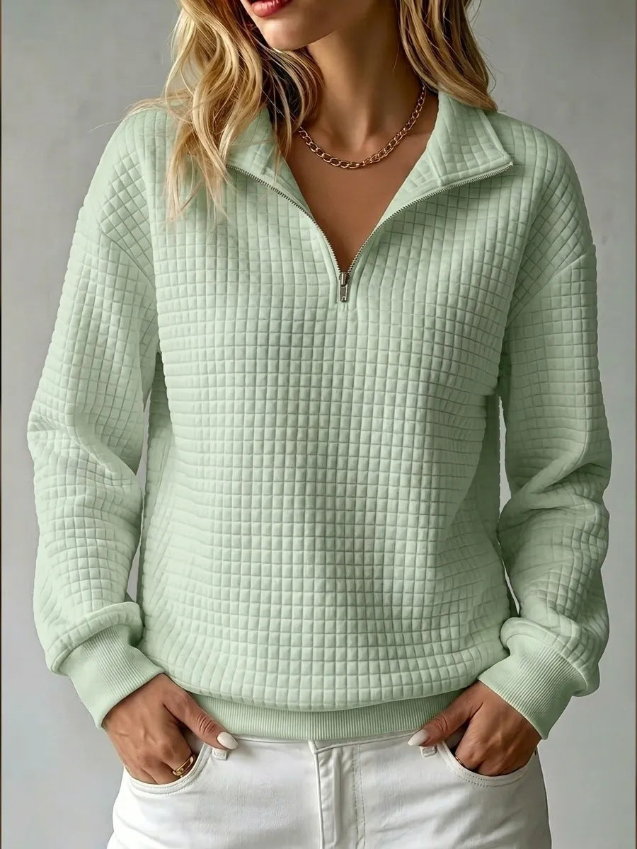 Women's Quilted Half Zip Sweatshirt Textured Fabric Stand Collar Casual Layering