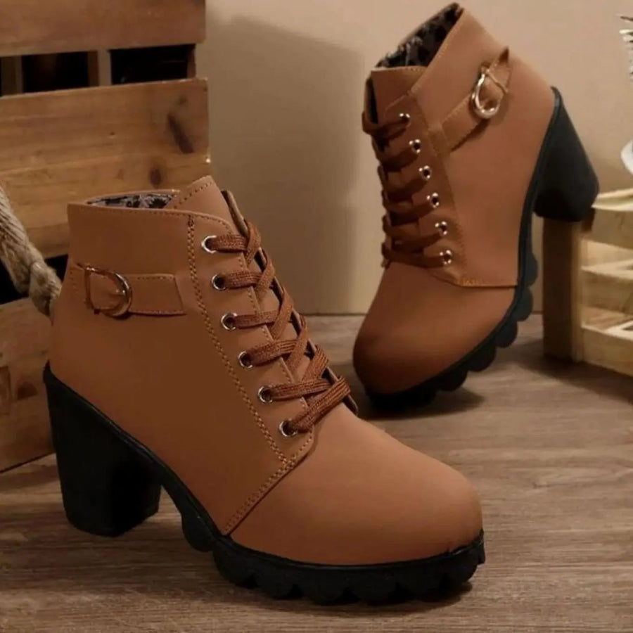 Women's Heeled Ankle Boots Lace-Up Buckle Strap Platform Stylish Everyday