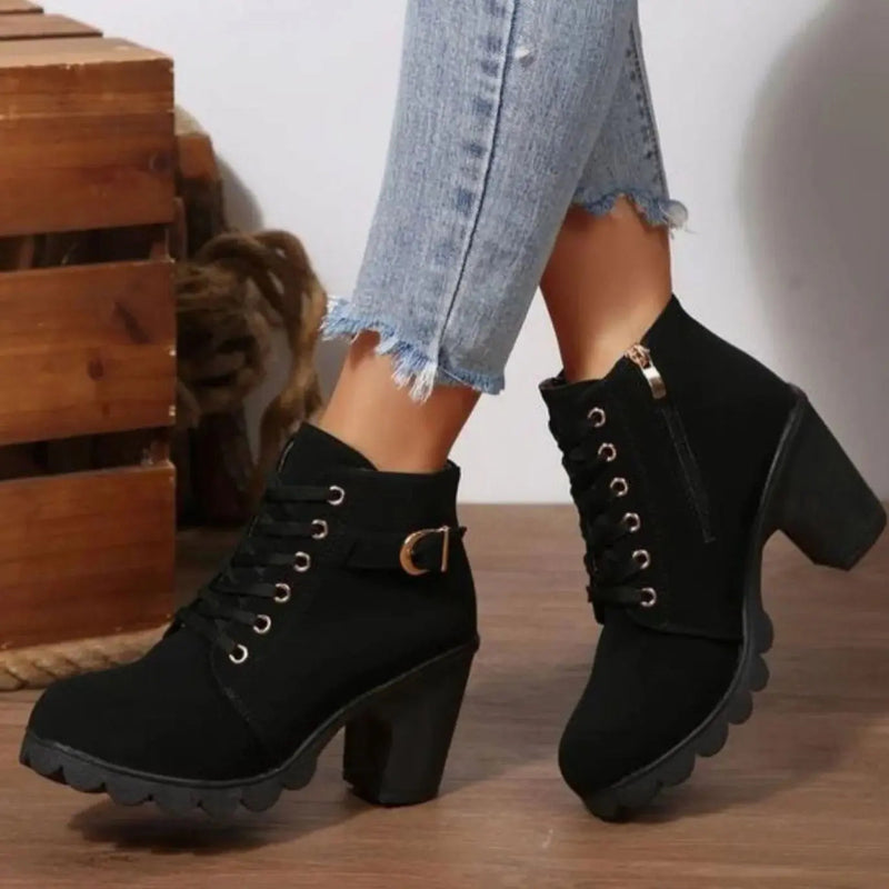 Women's Heeled Ankle Boots Lace-Up Buckle Strap Platform Stylish Everyday