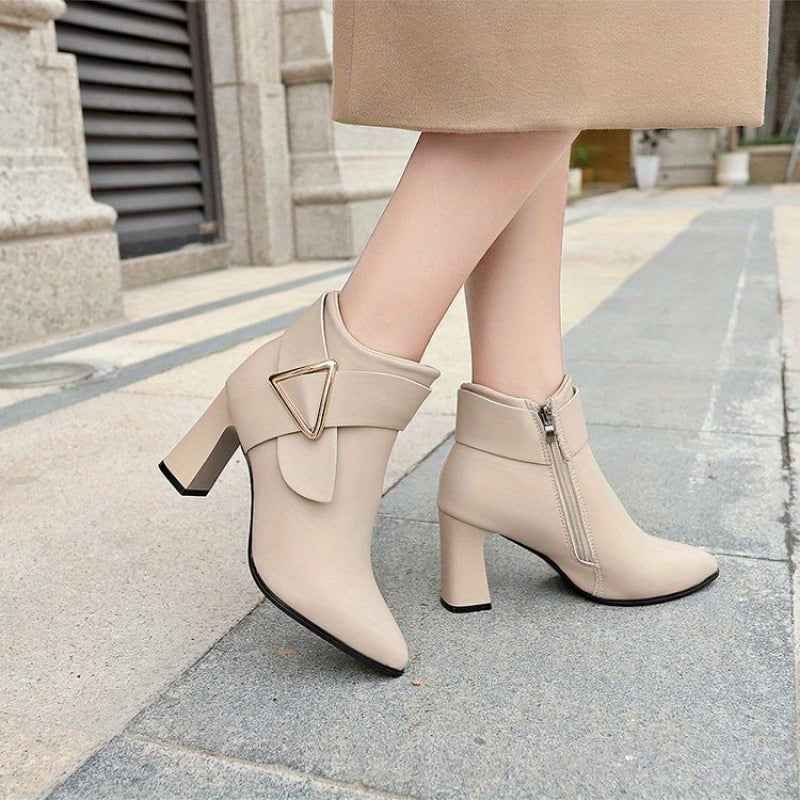 Women's Heeled Ankle Boots Gold Triangle Buckle Chic Stylish Evening