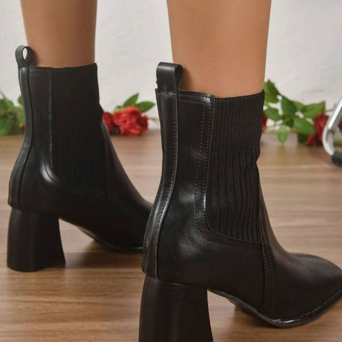 Women's Heeled Ankle Boots Block Heel Knit Panel Stylish Everyday Wear