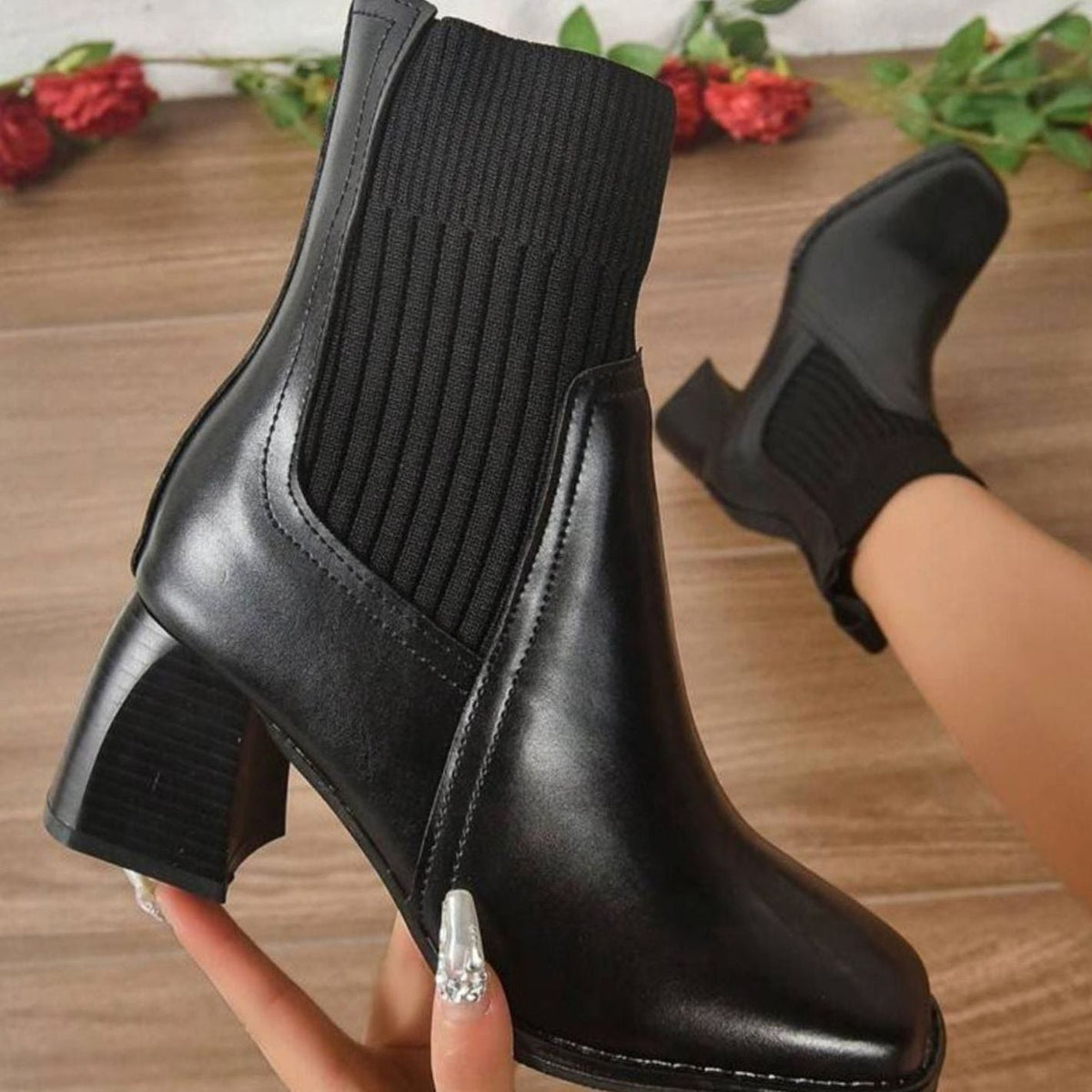 Women's Heeled Ankle Boots Block Heel Knit Panel Stylish Everyday Wear