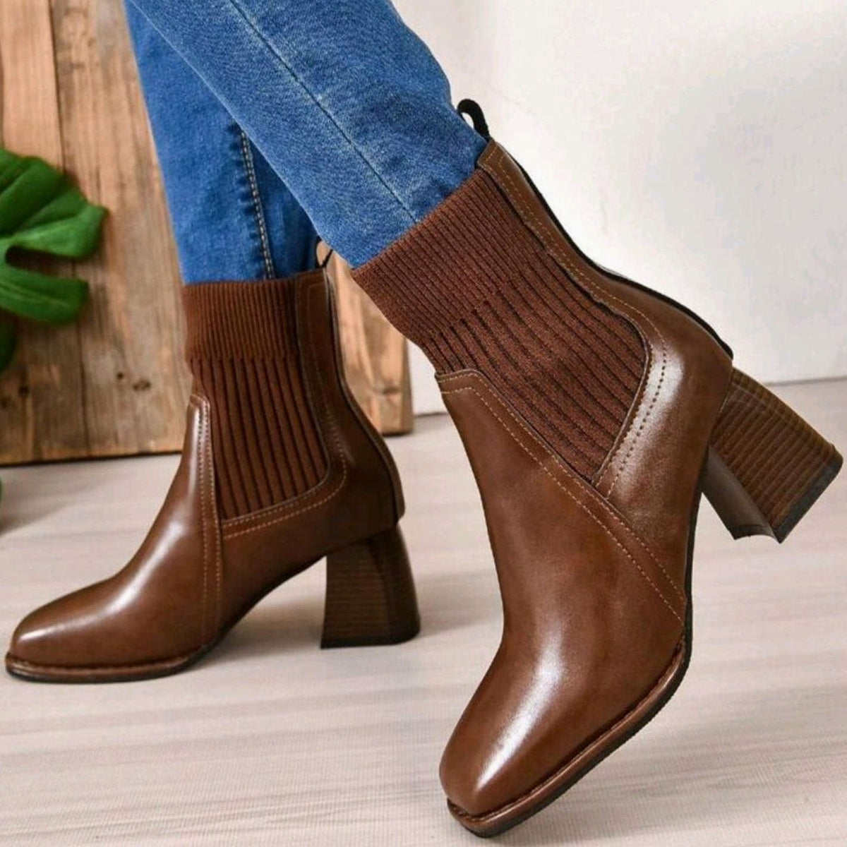 Women's Heeled Ankle Boots Block Heel Knit Panel Stylish Everyday Wear