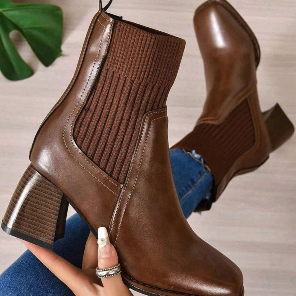 Women's Heeled Ankle Boots Block Heel Knit Panel Stylish Everyday Wear