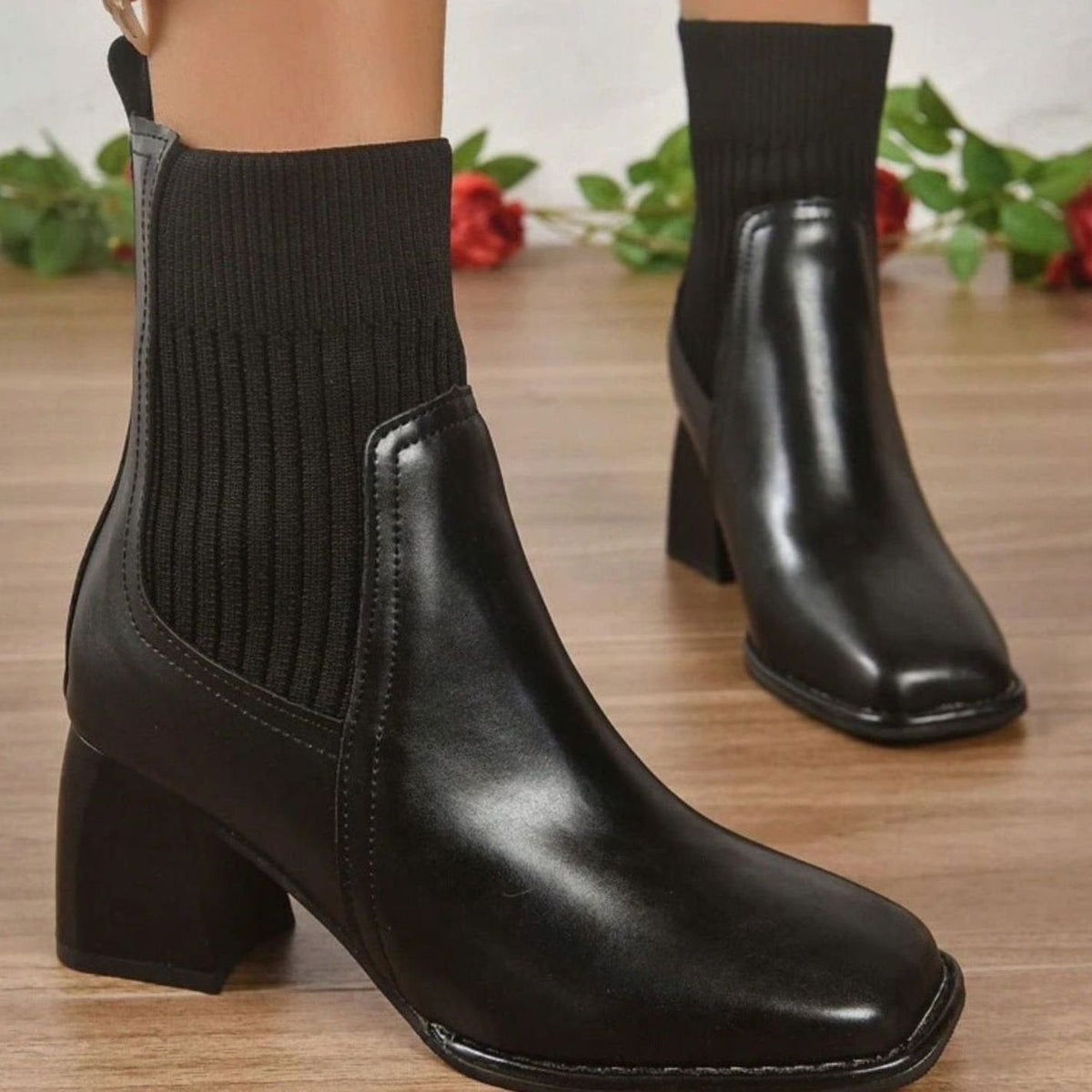 Women's Heeled Ankle Boots Block Heel Knit Panel Stylish Everyday Wear