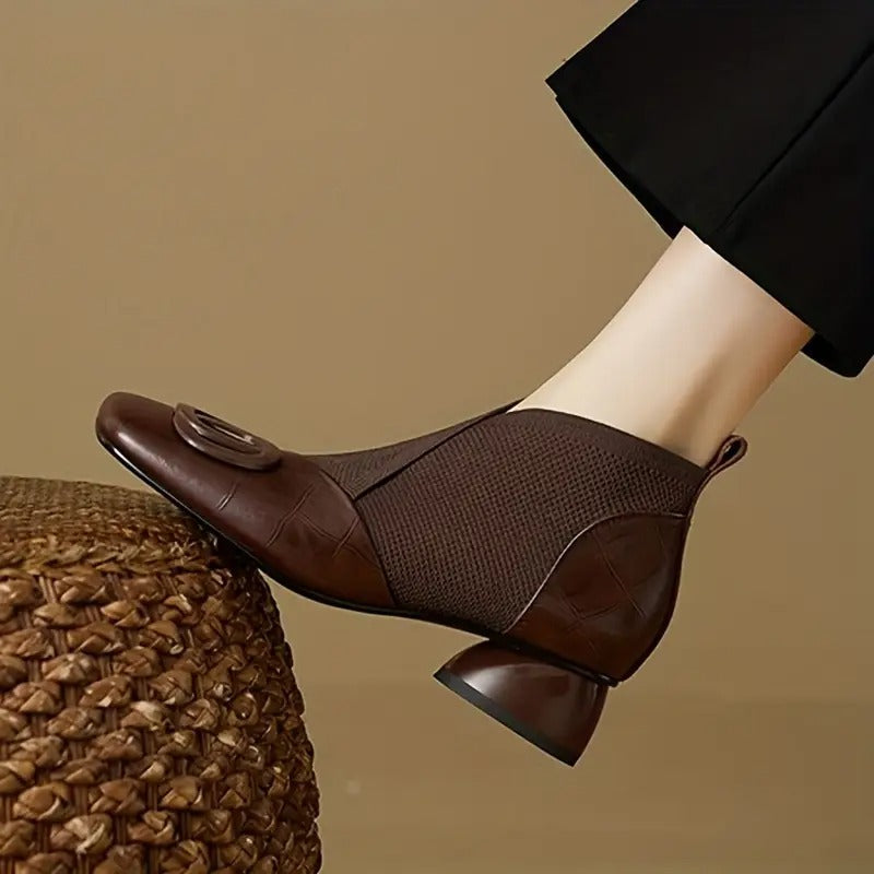 Women's Heeled Ankle Boots Knit Panel Square Toe Chic Stylish Everyday