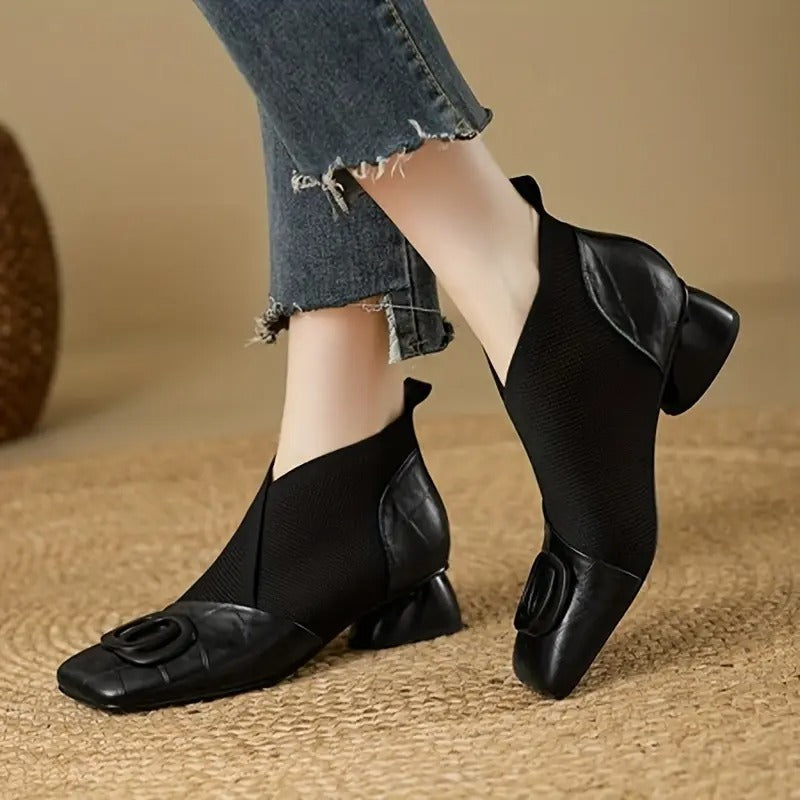 Women's Heeled Ankle Boots Knit Panel Square Toe Chic Stylish Everyday