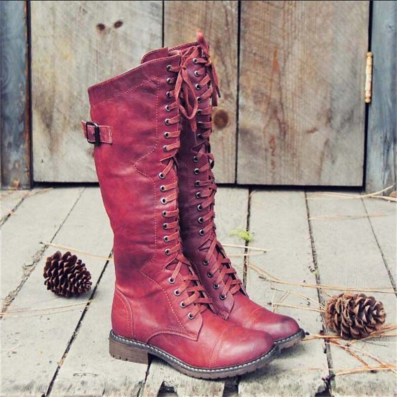 Women's Knee High Lace-Up Boots with Side Buckle Stylish Everyday Footwear