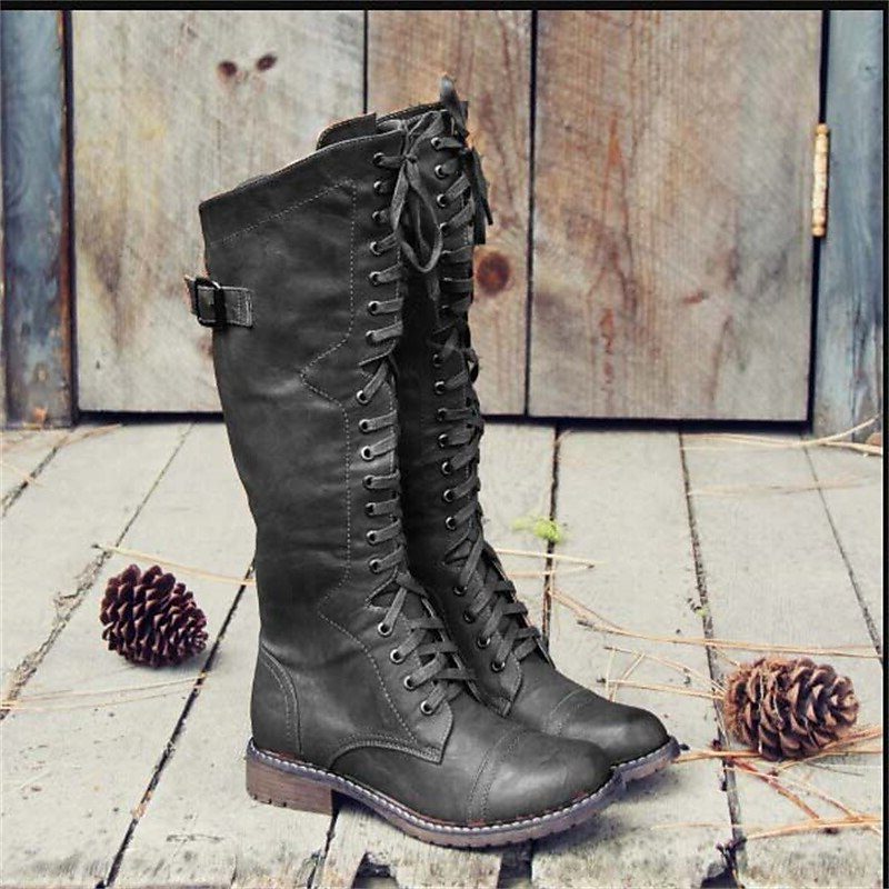 Women's Knee High Lace-Up Boots with Side Buckle Stylish Everyday Footwear