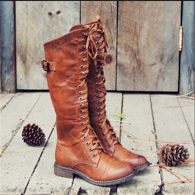 Women's Knee High Lace-Up Boots with Side Buckle Stylish Everyday Footwear