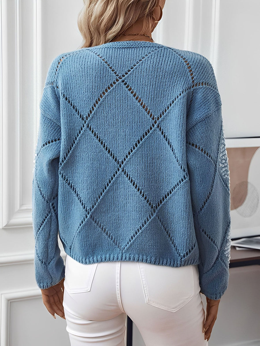 Women's Knit Sweater Long Sleeve Round Neck Diamond Pattern Sequin Detail