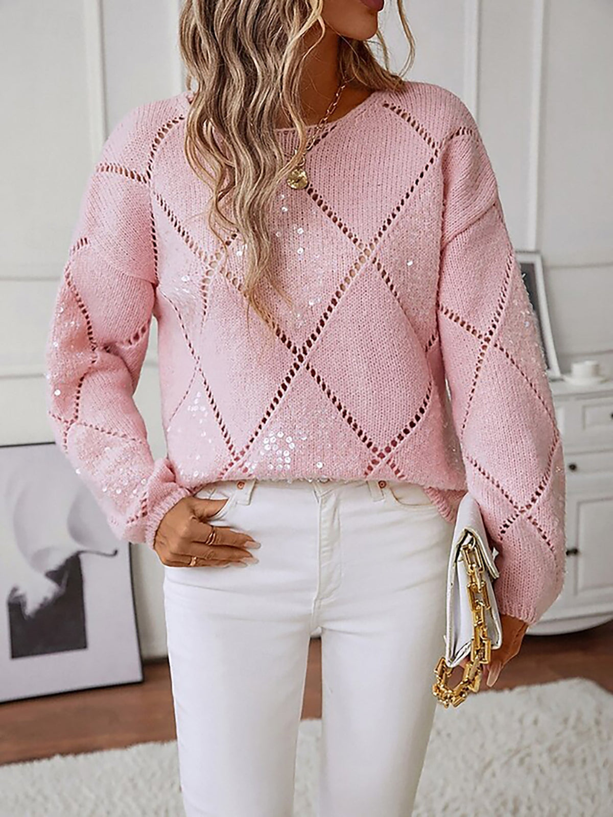 Women's Knit Sweater Long Sleeve Round Neck Diamond Pattern Sequin Detail